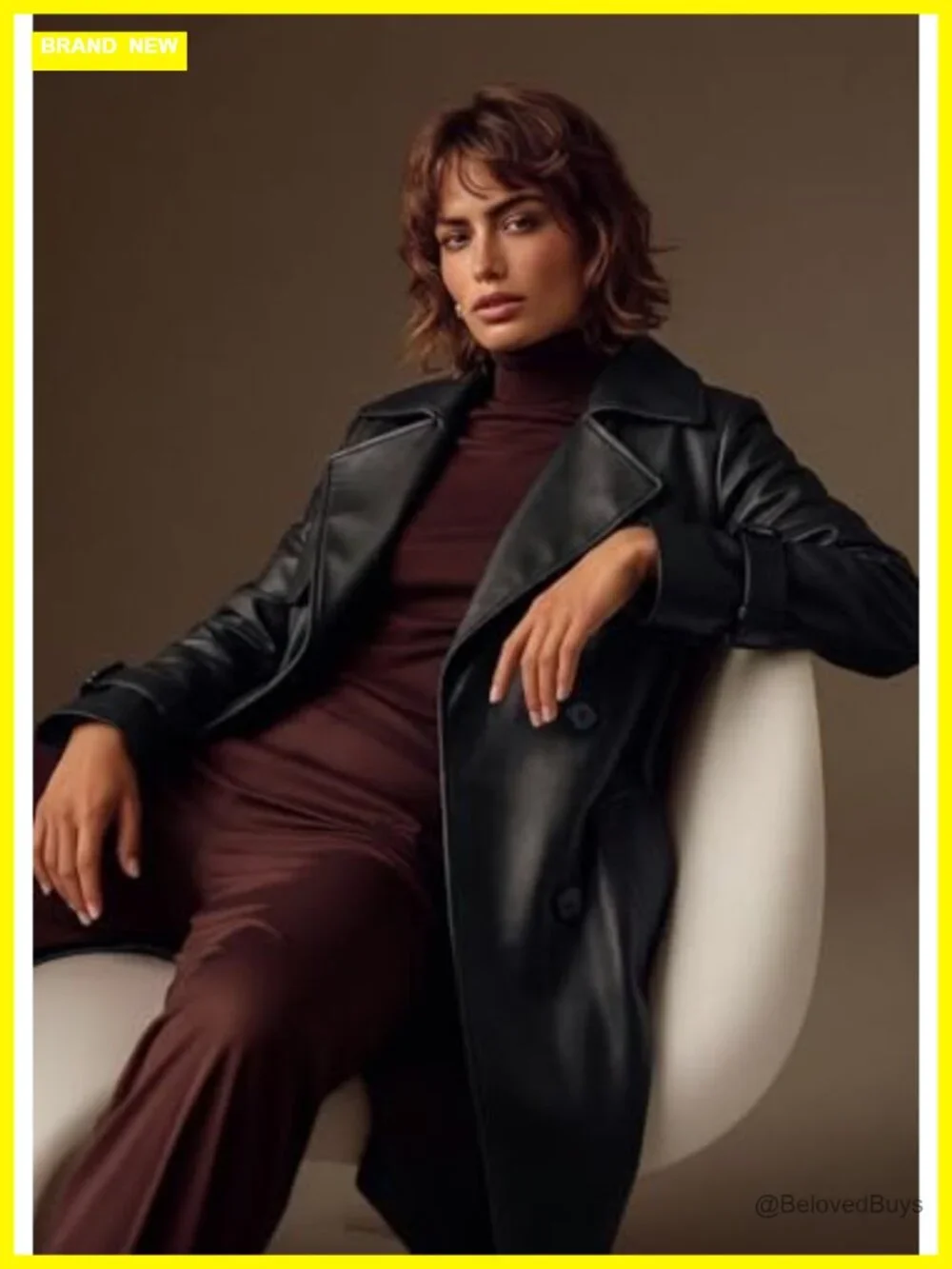 Women's Faux Leather Belted Trench Coat Long Sleeve Windproof Outerwear